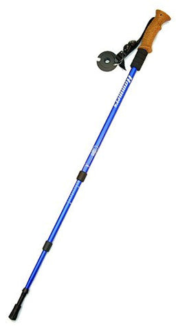 Aluminum telescopic pole extends from 27'' up to 55”. Ergonomic cork grip; Rubber end cap, snow disc, compass, thermometer and adjustable nylon wrist strap. 12oz. Blue.