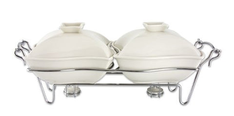 Ceramic Double Warmer Chafing Dish with Serving Stand