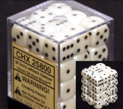 Chessex Dice d6 Sets: Opaque Ivory with Black - 12mm Six Sided Die (36) Block of Dice