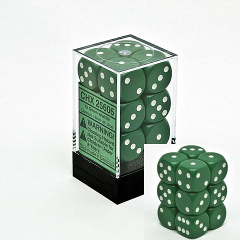 Opaque 16mm d6 Green w/White Dice Block 12 pipped dice