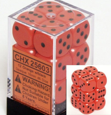 Chessex Dice d6 Sets: Opaque Orange with Black - 16mm Six Sided Die (12) Block of Dice