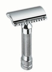 Merkur Safety razors with short handle in cardboard box with 1 sample blade, chrome-plated, straight cut