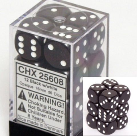 Chessex Dice d6 Sets: Opaque Black with White - 16mm Six Sided Die (12) Block of Dice