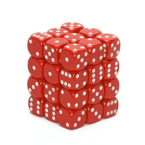 Chessex Dice d6 Sets: Opaque Red with White - 12mm Six Sided Die (36) Block of Dice