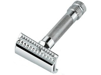Merkur Safety razors with short handle in cardboard box with 1 sample blade, chrome-plated, slanted