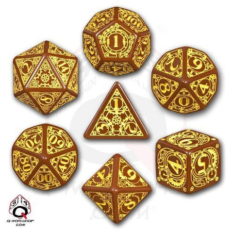Brown & yellow Steampunk Dice (set of 7)
