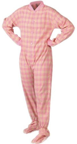 Big Feet PJs Pink & Yellow Plaid Flannel Adult Footed Pajamas w/ Drop Seat