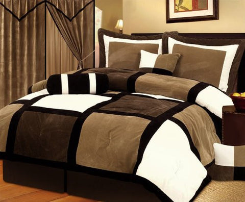 7 Piece Brown, Beige, and White Micro Suede Patchwork Comforter Set Machine Washable Bed-in-a-bag Set, (Size: Queen)