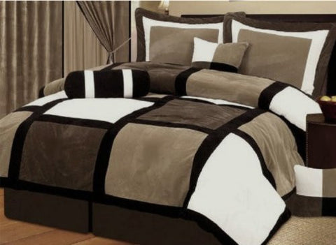 7 Piece Brown, Beige, and White Micro Suede Patchwork Comforter Set Machine Washable Bed-in-a-bag Set, (Size: Full)
