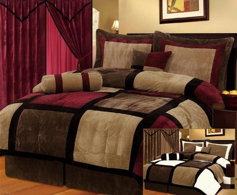 7 Piece Burgundy, Brown, Beige Micro Suede Patchwork Comforter Set Machine Washable Bed-in-a-bag Set, (Size:Full)