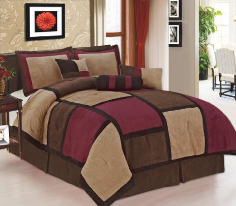 7 Piece Burgundy, Brown, Beige Micro Suede Patchwork Comforter Set Machine Washable Bed-in-a-bag Set, (Size:Queen)