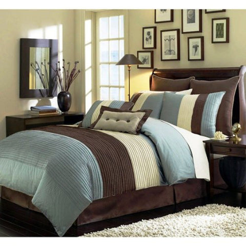 8 Pieces Beige, Blue and Brown Stripe Comforter (104"x92") Bed-in-a-bag Set King Size Bedding