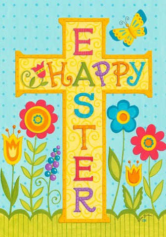 "Happy Easter" Cross Flowers & Butterfly 12"x18" Garden Flag