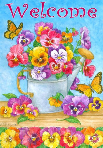 "Welcome" Pansies in Watering Can and Butterflies 12"x18" Garden Flag