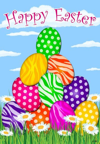 "Happy Easter" Polka Dot and Zebra Striped Decorated Eggs, Daisies Whimsical 12"x18" Garden Flag