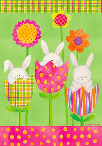 Bunnies in Tulips, Flowers Whimsical 12"x18" Garden Flag