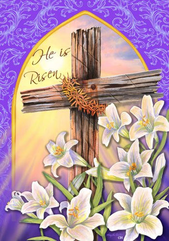 "He Is Risen" Cross, Crown of Thornes, Lilies 12"x18" Christian Summer Garden Flag