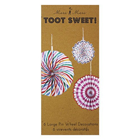 Toot Sweet Pinwheel Decorations - 6 pinwheels in three sizes, each with 2 styles - Large; 14 inch diam., Medium; 11 inch diam., Small; 7 inch diam.