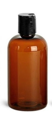 Amber PET Boston Round Plastic Bottle 8oz w/ Black Disc Cap