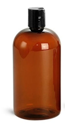 Amber PET Boston Round Plastic Bottle 16oz w/ Black Disc Cap
