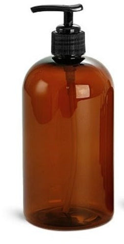 Amber PET Boston Round Plastic Bottle 16oz w/ Black Pump