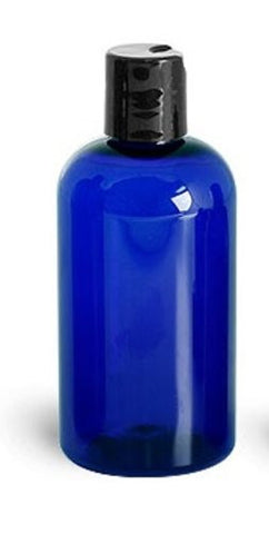 Blue PET Boston Round Plastic Bottle 8oz w/ Black Disc Cap