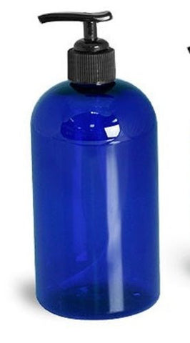 Blue PET Boston Round Plastic Bottle 16oz w/ Black Pump