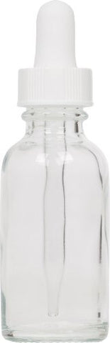 Clear Boston Round Glass Bottle 1 oz w/ White Dropper