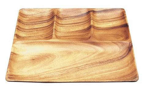 Acacia Wood 12" Square Tray with 4 Sections, 11" x 11" x 1"