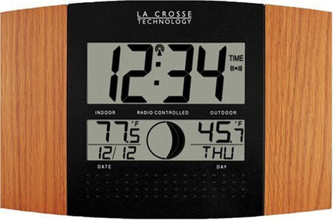 Atomic Digital Wall Clock with Moon Phase and Indoor/Outdoor Temperature, Oak Finish