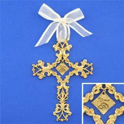 50 Years Gold plated filigree cross with ivory ribbon Adorned with topaz stones
