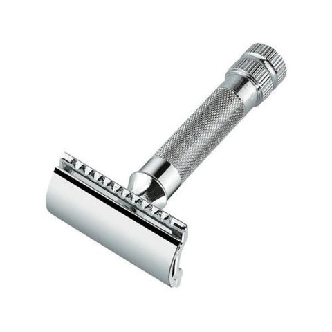 Merkur Safety razors with short handle in cardboard box with 1 sample blade, chrome-plated, straight cut