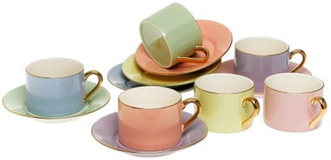 Cup & Saucer 7.0Oz (Set Of 6) Assorted Pastel/Gold