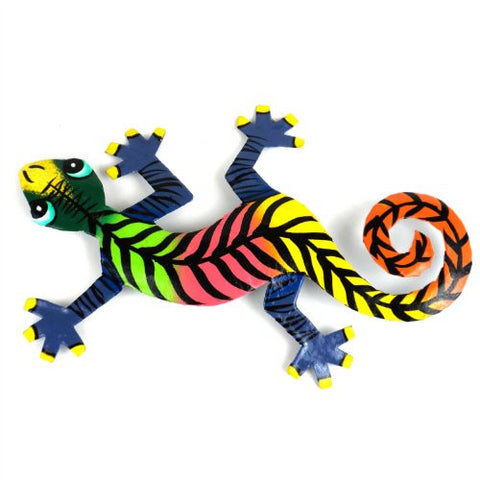 8 inch Painted Metal Drum Art Gecko Wall Hanging - Striped