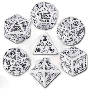 Q-Workshop Polyhedral 7-Die Set: Carved Celtic Dice - White & Black - Dice Set!