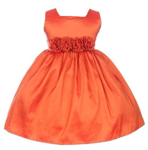 Sleeveless, Light-Weight Taffeta Dress with Hand-Rolled Flower Cummerbund Orange
