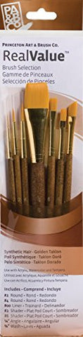 Princeton Art & Brush Real Value Brush Set, Synthetic Gold Taklon, Round 2 and 4, Liner 2/0, Shader 2 and 6
