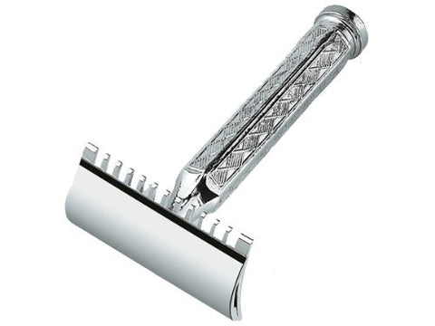 Merkur Safety razors with short handle in cardboard box with 1 sample blade, chrome-plated, open tooth comb