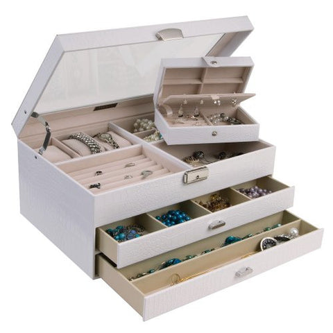 Alana Glass Top Locking Jewelry Box in Pearl Croco Faux Leather