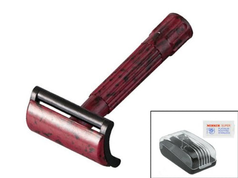 Merkur Safety razor, standard handle, in plastic box with 10 blades, Bakelite, red/black, straight cut