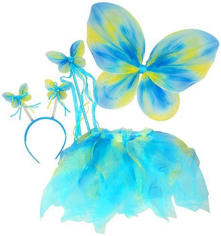 4 Pcs Neon Butterfly fairy Set (wing, wand, antenna and tutu). Color: Blue with gold. One size (fits 3-5 years)