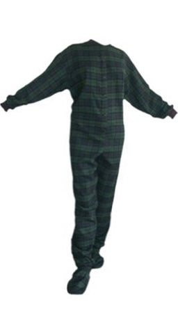 Big Feet Pajama's Navy/green Plaid (black Watch) Cotton Flannel Adult Footed Pajamas W/ Drop-seat (104) (large)