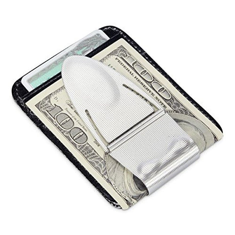 Designer Geneva Silver Mesh Money Clamp w/black leather credit card wallet--Best Money Clip You Can Own