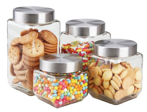 Home Basics 4PC SQUARE CANISTER SET Glass/SS lid