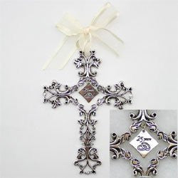 25 Years Silver plated filigree cross with white ribbon