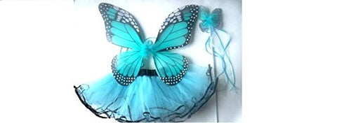 3 Pcs Monarch Set (Monarch Butterfly wing, wand and tutu). Color: Blue.One size (fits 2-5 years)