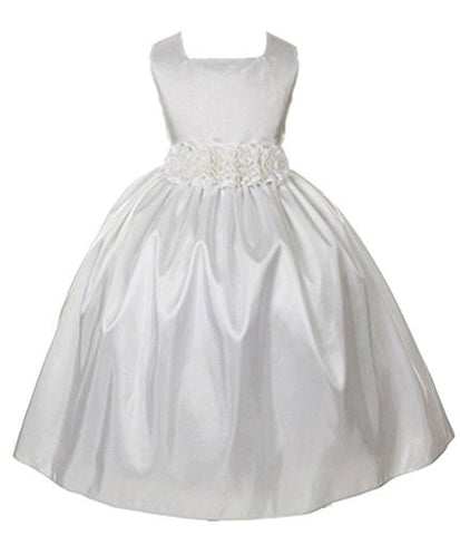 Sleeveless, Light-Weight Taffeta Dress with Hand-Rolled Flower Cummerbun White