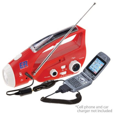 ER EMERGENCY READY LED LIGHT plus Strobe & AM/FM RADIO & CELL PHONE CHARGER with New Tech Universal Adaptor & SIREN -Solar, Crank/Dynamo Generator Powered, Glows in the Dark!  NEVER NEEDS BATTERIES!