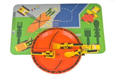 Set of 3 Construction Utensils, Construction Plate and Construction Worksite Placemat