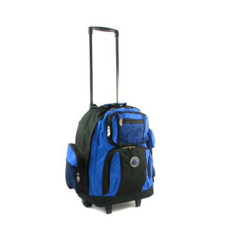 600D Polyester Rolling Backpack, w/Pulling Handle, 18” x 13” x 71/2” , Black/Blue